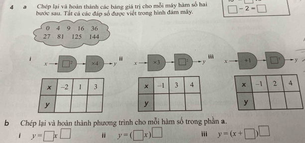 a Chép lại và hoàn thành các bảng giá trị cho mỗi máy hàm số hai □ -2=□
bước sau. Tất cả các đáp số được viết trong hình đám mây. 
i 
i 
iii
x □^2 ×4 y x ×3 □^2 y x +1 □^3 y

b Chép lại và hoàn thành phương trình cho mỗi hàm số trong phần a. 
i y=□ x□ y=(□ x)□ iii y=(x+□ )□