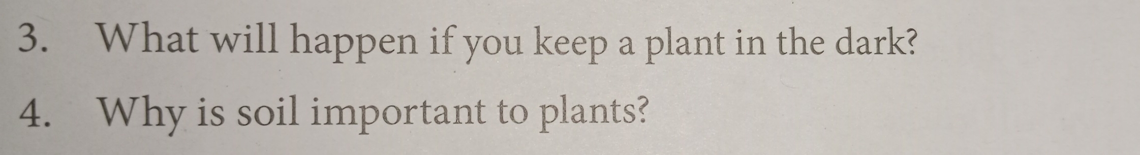 What will happen if you keep a plant in the dark? 
4. Why is soil important to plants?