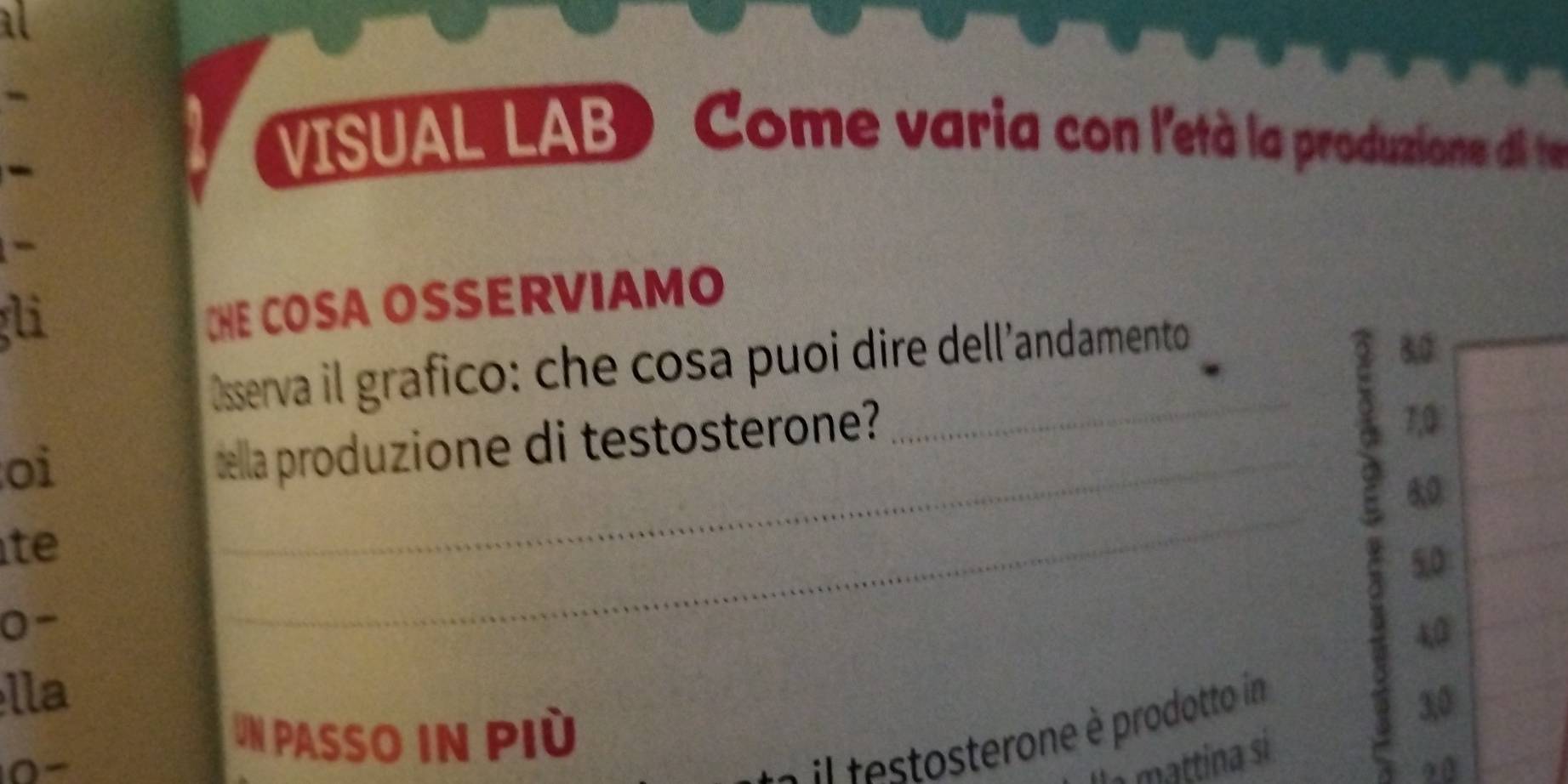 VISUAL LAB O Come varia con l'età la produzione di te 
- 
li 
CHE COSA OSSERVIAMO 
Øsserva il grafico: che cosa puoi dire dell’andamento
80
7,0
oi 
_ 
della produzione di testosterone? 
_
6,9
te 
_
5D
0 -
4,0
lla 
Un PASSO In Più 3,0
0
:l testosterone è prodotto in 
a attina si