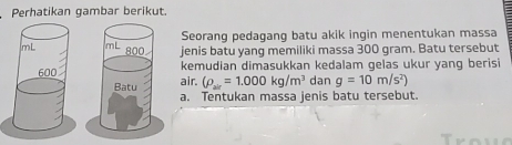 Perhatikan gambar berikut. 
Seorang pedagang batu akik ingin menentukan massa 
jenis batu yang memiliki massa 300 gram. Batu tersebut 
kemudian dimasukkan kedalam gelas ukur yang berisi 
air. (rho _air=1.000kg/m^3 dan g=10m/s^2)
a. Tentukan massa jenis batu tersebut.