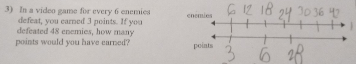 In a video game for every 6 enemies 
enemies 
defeat, you earned 3 points. If you 
defeated 48 enemies, how many 
points would you have earned?