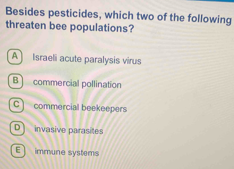 Besides pesticides, which two of the following
threaten bee populations?
A Israeli acute paralysis virus
B) commercial pollination
C) commercial beekeepers
D) invasive parasites
E immune systems