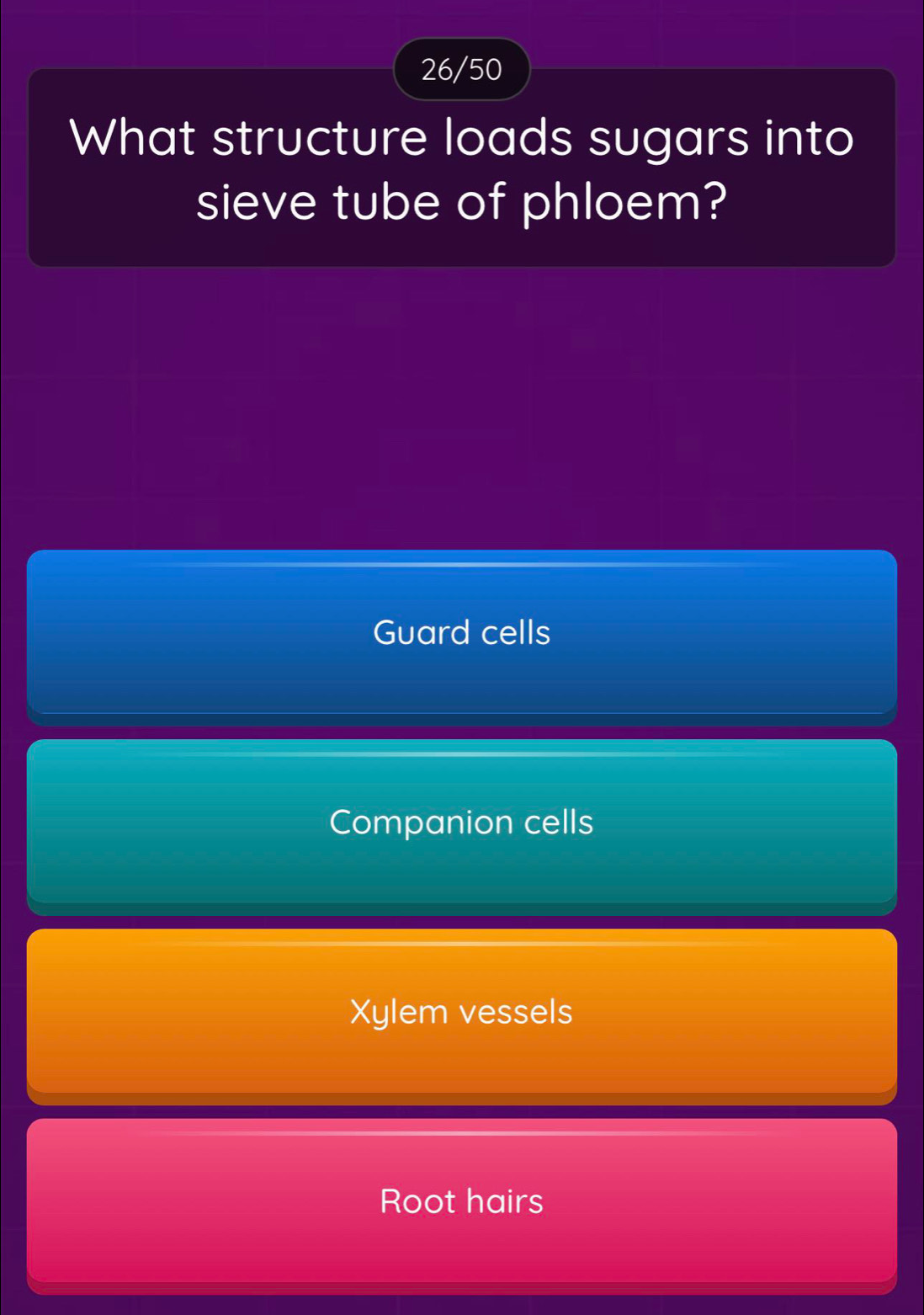 26/50
What structure loads sugars into
sieve tube of phloem?
Guard cells
Companion cells
Xylem vessels
Root hairs