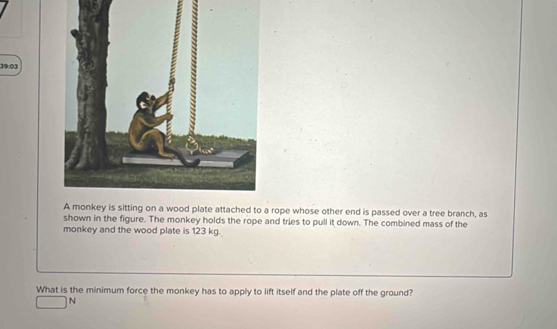 39:03
rope whose other end is passed over a tree branch, as
shown in the figure. The monkey holds the rope and tries to pull it down. The combined mass of the
monkey and the wood plate is 123 kg.
What is the minimum force the monkey has to apply to lift itself and the plate off the ground?
□ N