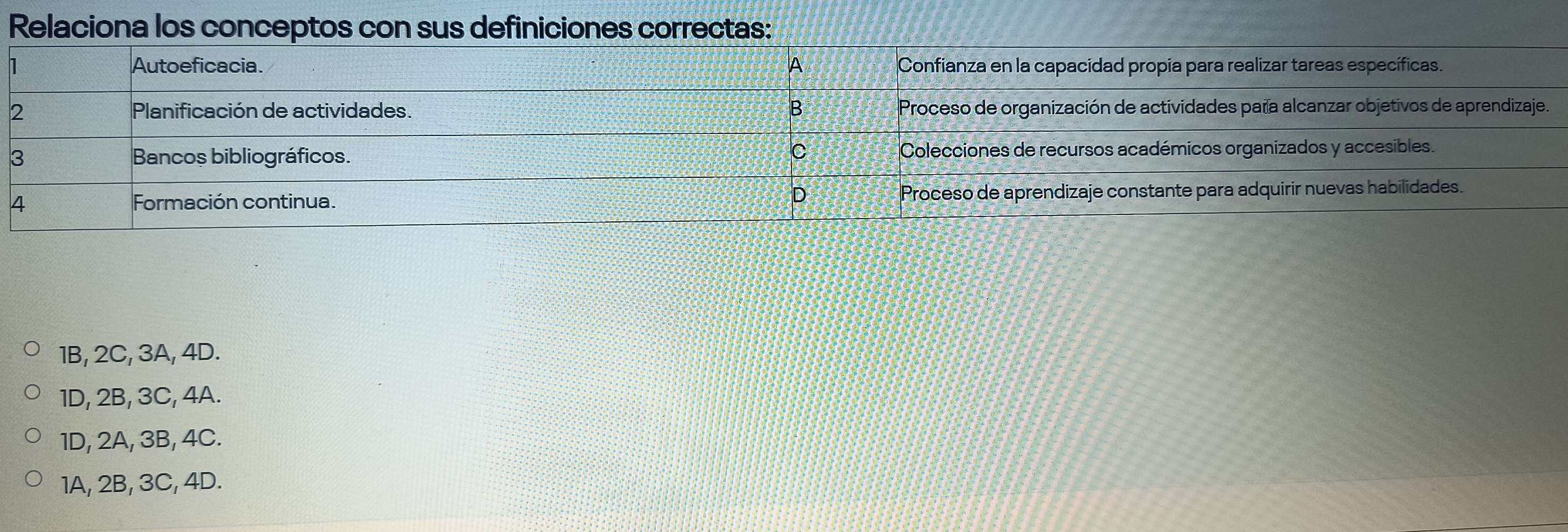 Relaciona los conceptos con sus definiciones correctas:
1B, 2C, 3A, 4D.
1D, 2B, 3C, 4A.
1D, 2A, 3B, 4C.
1A, 2B, 3C, 4D.