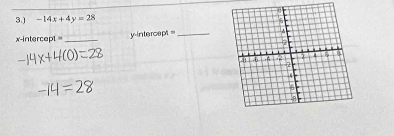 3.) -14x+4y=28
x-intercept = _y-intercept =_