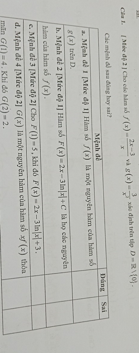 sal.
Câu 1. [ Mức độ 2 ] Cho các hàm số f(x)= (2x-3)/x  và g(x)= 3/x^2  xác định trên tập D=R/ 0 .
mãn G(1)=4. Khi đó G(2)=2.