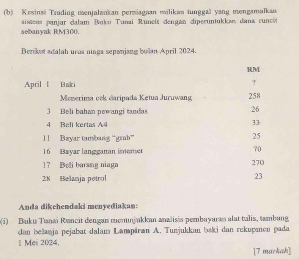 Kesinai Trading menjalankan perniagaan milikan tunggal yang mengamalkan
sistem panjar dalam Buku Tunai Runcit dengan diperuntukkan dana runcit
sebanyak RM300.
Berikut adalah urus niaga sepanjang bulan April 2024.
RM
April 1 Baki
?
Menerima cek daripada Ketua Juruwang
258
3 Beli bahan pewangi tandas
26
4 Beli kertas A4
33
11 Bayar tambang “grab”
25
16 Bayar langganan internet
70
17 Beli barang niaga 270
28 Belanja petrol
23
Anda dikehendaki menyediakan:
(i) Buku Tunai Runcit dengan menunjukkan analisis pembayaran alat tulis, tambang
dan belanja pejabat dalam Lampiran A. Tunjukkan baki dan rekupmen pada
1 Mei 2024.
[7 markah]