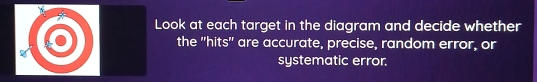 Look at each target in the diagram and decide whether 
the "hits' are accurate, precise, random error, or 
systematic error.