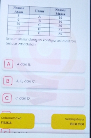 Unsur-unsur dengan konfigurasi elektron
terluar ns adalah
A A dan B.
B A, B, dan C.
C C dan D.
Sebelumnya Selanjutnya
FISIKA BIOLOGI