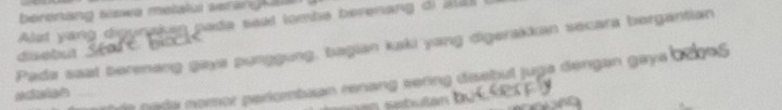 berenang siswa metalul ser ar g k 
Ast yang digynaken pada seat tomba berenang di al 
Pada saat berenang gaye punggung, bagian kaki yang digerakkan secara bergantian 
dactut 

a n a a nomor perombaan renang sering disebul juga déngan gaya bebas 
setnalan