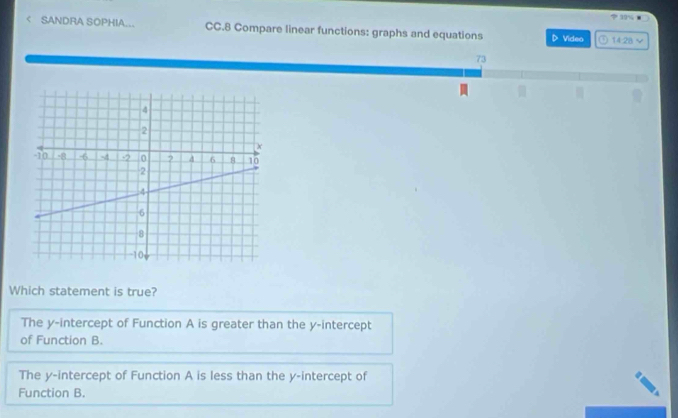 ° 19%
< SANDRA SOPHIA... CC.8 Compare linear functions: graphs and equations D Video 14:28 √
73
Which statement is true?
 The y-intercept of Function A is greater than the y-intercept
of Function B.
The y-intercept of Function A is less than the y-intercept of
Function B.