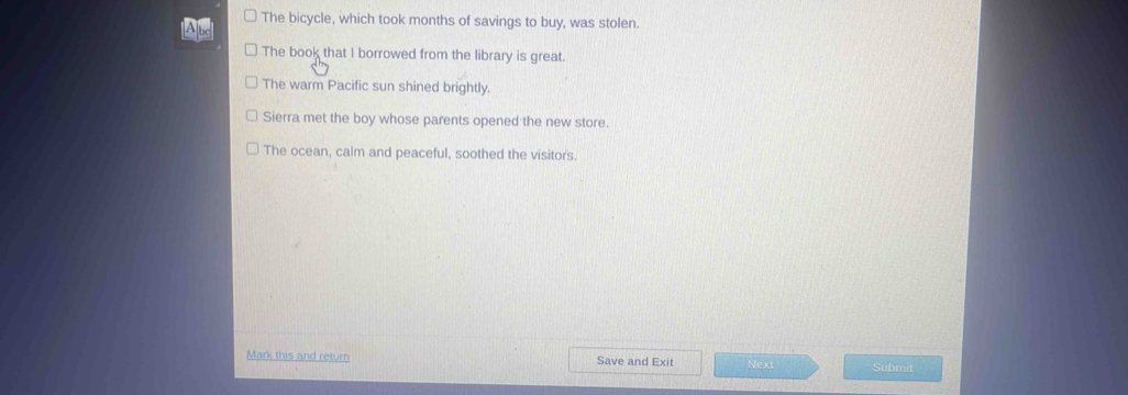 The bicycle, which took months of savings to buy, was stolen.
The book that I borrowed from the library is great.
The warm Pacific sun shined brightly.
Sierra met the boy whose parents opened the new store.
The ocean, calm and peaceful, soothed the visitors.
Mark this and return Save and Exit Next Submit