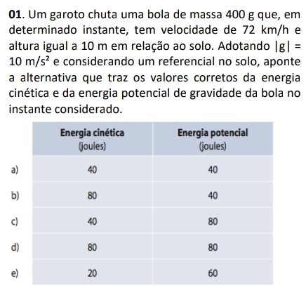 Um garoto chuta uma bola de massa 400 g que, em 
determinado instante, tem velocidade de 72 km/h e 
altura igual a 10 m em relação ao solo. Adotando |g|=
10m/s^2 e considerando um referencial no solo, aponte 
a alternativa que traz os valores corretos da energia 
cinética e da energia potencial de gravidade da bola no 
instante considerado.