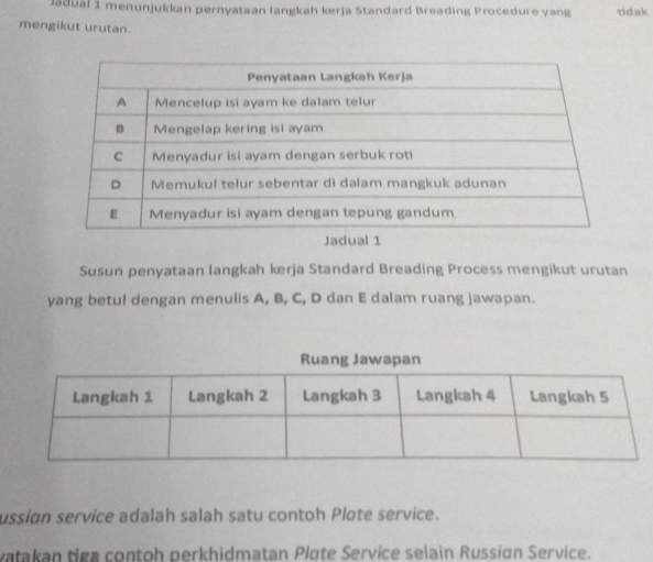 Jadual 1 menunjukkan pernyataan langkah kerja Standard Breading Procedure vang tidak 
mengikut urutan. 
Susun penyataan langkah kerja Standard Breading Process mengikut urutan 
yang betul dengan menulis A, B, C, D dan E dalam ruang jawapan. 
ussian service adalah salah satu contoh Plate service. 
vatakan tica contoh perkhidmatan Plote Service selain Russign Service.