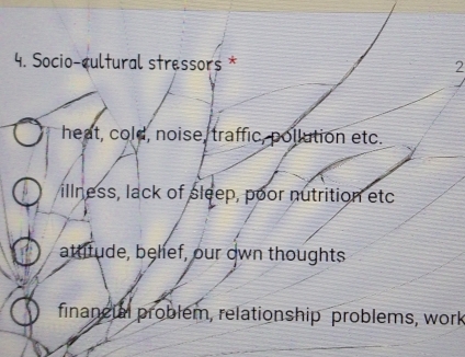 Socio-cultural stressors * 2
heat, cold, noise, traffic, pollution etc.
illness, lack of sleep, poor nutrition etc
2 attitude, belief, our own thoughts
financtal problém, relationship problems, work