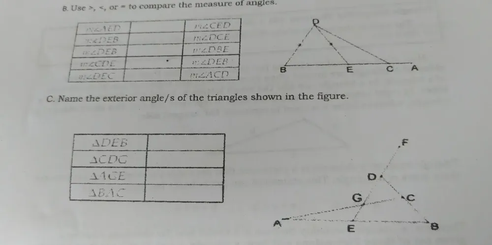 Use >, . = to compare the measure of angles.
C. Name the exterior angle/s of the triangles shown in the figure.