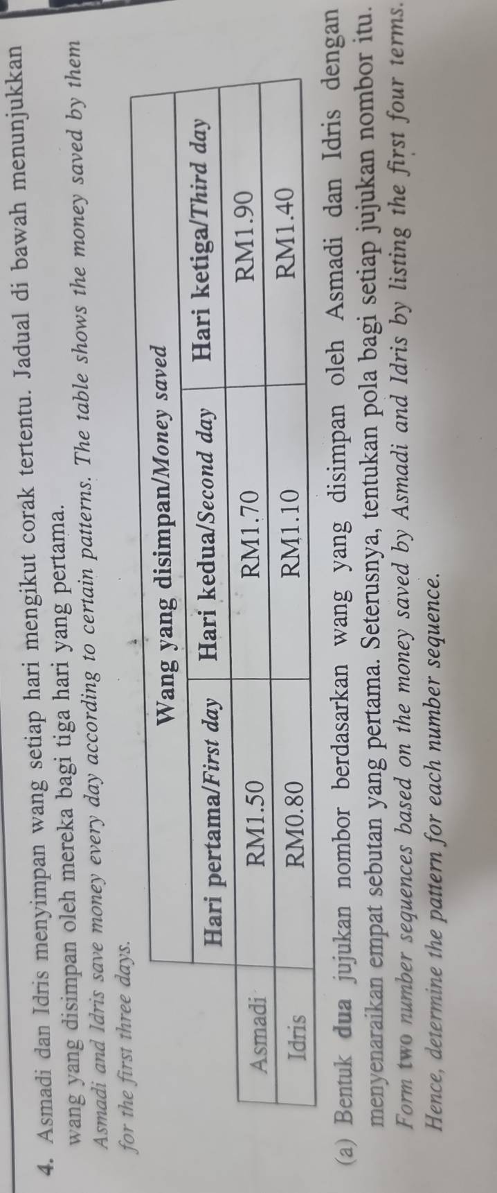 Asmadi dan Idris menyimpan wang setiap hari mengikut corak tertentu. Jadual di bawah menunjukkan 
wang yang disimpan oleh mereka bagi tiga hari yang pertama. 
Asmadi and Idris save money every day according to certain patterns. The table shows the money saved by them 
(a) Bentuk dua jujukan nombor berdasarkan wang yang disimpan oleh Asmadi dan Idris dengan 
menyenaraikan empat sebutan yang pertama. Seterusnya, tentukan pola bagi setiap jujukan nombor itu. 
Form two number sequences based on the money saved by Asmadi and Idris by listing the first four terms. 
Hence, determine the pattern for each number sequence.