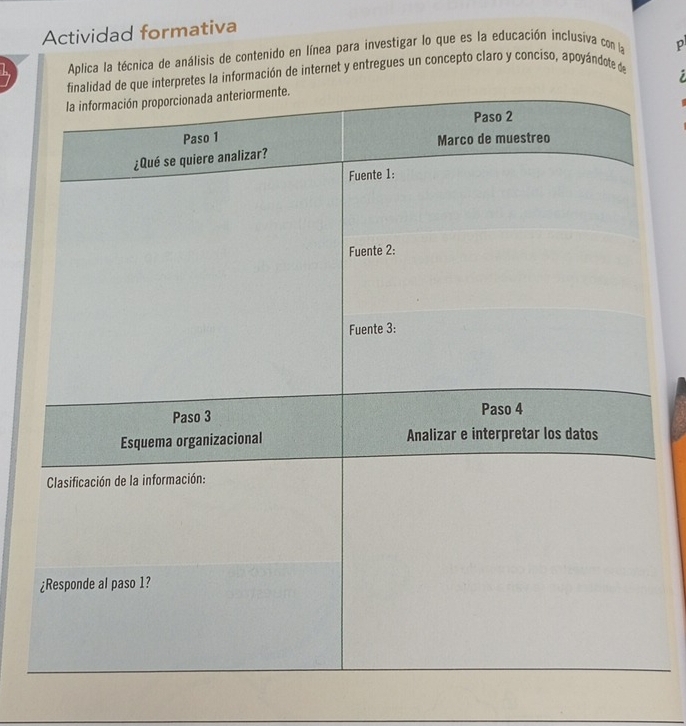 Actividad formativa 
Aplica la técnica de análisis de contenido en línea para investigar lo que es la educación inclusiva con la p 
que interpretes la información de internet y entregues un concepto claro y conciso, apoyándote d