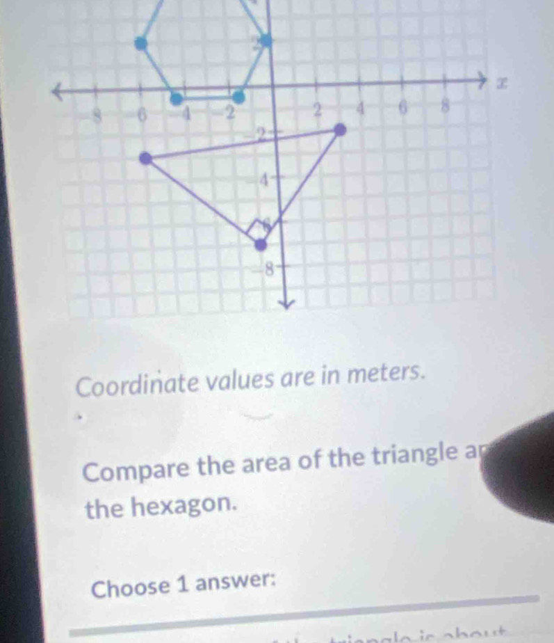 Coordinate values are in meters. 
Compare the area of the triangle ar 
the hexagon. 
Choose 1 answer: