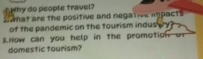 Why do people travel? 
2What are the positive and negative impacts 
of the pandemic on the tourism indus py 
3.How can you help in the promotion of 
domestic tourism?