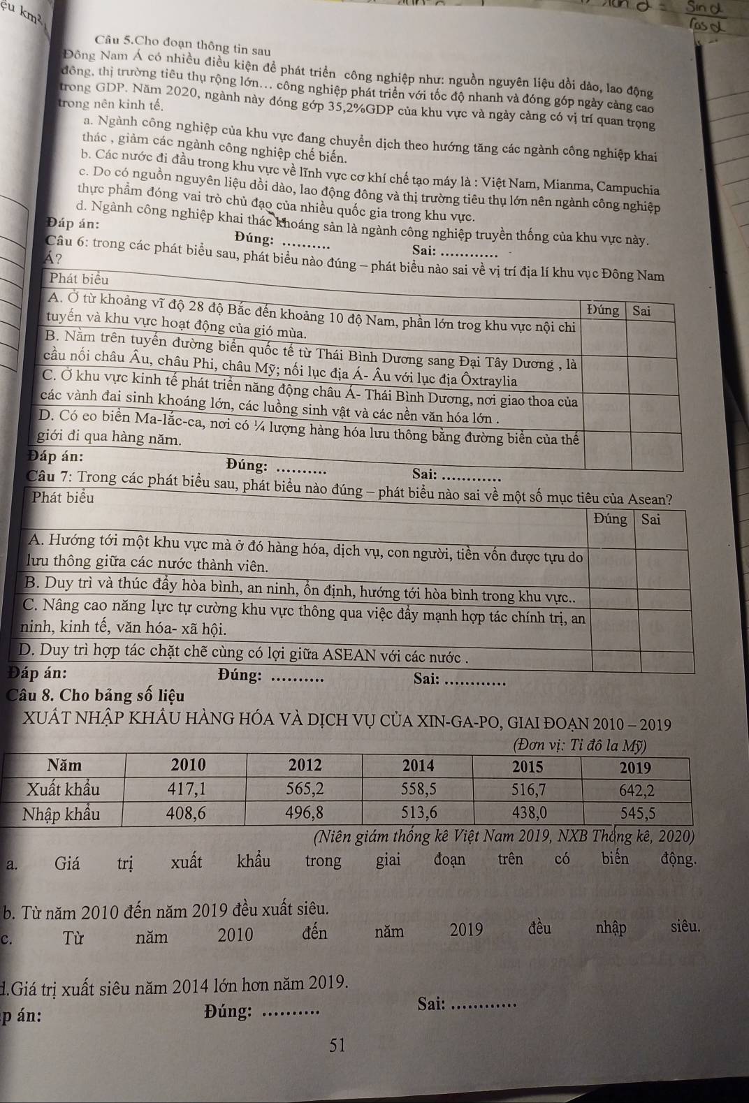 ệu km²
Câu 5.Cho đoạn thông tin sau
Đông Nam Á có nhiều điều kiện đề phát triển công nghiệp như: nguồn nguyên liệu dồi dảo, lao động
đồng, thị trường tiêu thụ rộng lớn... công nghiệp phát triển với tốc độ nhanh và đóng góp ngày cảng cao
trong nên kinh tế.
trong GDP. Năm 2020, ngành này đóng gớp 35,2%GDP của khu vực và ngày càng có vị trí quan trọng
a. Ngành công nghiệp của khu vực đang chuyển dịch theo hướng tăng các ngành công nghiệp khai
thác , giảm các ngành công nghiệp chế biến.
b. Các nước đi đầu trong khu vực về lĩnh vực cơ khí chế tạo máy là : Việt Nam, Mianma, Campuchia
c. Do có nguồn nguyên liệu dồi dào, lao động đông và thị trường tiêu thụ lớn nên ngành công nghiệp
thực phẩm đóng vai trò chủ đạo của nhiều quốc gia trong khu vực.
d. Ngành công nghiệp khai thác khoáng sản là ngành công nghiệp truyền thống của khu vực này.
Đáp án: Đúng:
Á?
Sai:
Câu 6: trong các phát biểu sau, phát biểu nào đúng - phát biểu nào sai về vị trí địa lí khu vục Đông Nam
Phát biểu
Đúng Sai
A. Ở từ khoảng vĩ độ 28 độ Bắc đến khoảng 10 độ Nam, phần lớn trog khu vực nội chi
tuyến và khu vực hoạt động của gió mùa.
B. Nằm trên tuyến đường biển quốc tế từ Thái Bình Dương sang Đại Tây Dương , là
cầu nối châu Âu, châu Phi, châu Mỹ; nối lục địa Á- Âu với lục địa Ôxtraylia
C. Ở khu vực kinh tế phát triển năng động châu Á- Thái Bình Dương, nơi giao thoa của
các vành đai sinh khoáng lớn, các luồng sinh vật và các nền văn hóa lớn  .
D. Có co biển Ma-lắc-ca, nơi có ¼ lượng hàng hóa lưu thông bằng đường biển của thế
giới đi qua hàng năm.
Đáp án:
Đúng: _    
Sai:
Câu 7: Trong các phát biểu sau, phát biểu nào đúng - phát biểu nào sai về một số mục tiêu của Asean?
Phát biểu
Đúng Sai
A. Hướng tới một khu vực mà ở đó hàng hóa, dịch vụ, con người, tiền vốn được tựu do
lưu thông giữa các nước thành viên.
B. Duy trì và thúc đầy hòa bình, an ninh, ổn định, hướng tới hòa bình trong khu vực..
C. Nâng cao năng lực tự cường khu vực thông qua việc đầy mạnh hợp tác chính trị, an
ninh, kinh tế, văn hóa- xã hội.
D. Duy trì hợp tác chặt chẽ cùng có lợi giữa ASEAN với các nước .
Đáp án: Đúng: _Sai:_
Câu 8. Cho bảng số liệu
XUÁT NHậP KHÂU HÀNG HÓA VÀ DỊCH vỤ CủA XIN-GA-PO, GIAI ĐOẠN 2010 - 2019
(Niên giám thống kê Việt Nam 2019, NXB Thắng kê, 2020)
a. Giá trị xuất khẩu trong giai đoạn trên có biến động.
b. Từ năm 2010 đến năm 2019 đều xuất siêu.
c. Từ năm 2010 đến năm 2019 đều nhập siêu.
d.Giá trị xuất siêu năm 2014 lớn hơn năm 2019.
p án: Đúng: _Sai:_
51