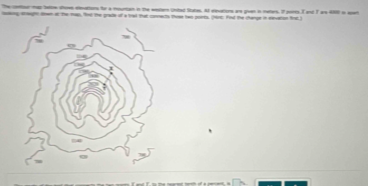 contour mat beltow shows ellevattions for a mountain in the western United Stattes. All elexations are given in metters. If points T and 7 are 400) in apart 
g stght down att the map, firt the grade of a traill that comnects those two points. (Hrt: Find the change in elevation first.) 
K ad 7. to the nearest tech of a percent