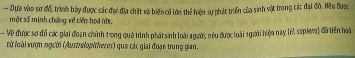 — Dựa vào sơ đổ, trình bày được các đại địa chất và biến cố lớn thể hiện sự phát triển của sinh vật trong các đại đó. Nêu được 
một số minh chứng về tiến hoá lớn. 
— Vẽ được sơ đồ các giai đoạn chính trong quá trình phát sinh loài người; nêu được loài người hiện nay (H. sơpiens) đã tiến hoá 
từ loài vượn người (Australopithecus) qua các giai đoạn trung gian.