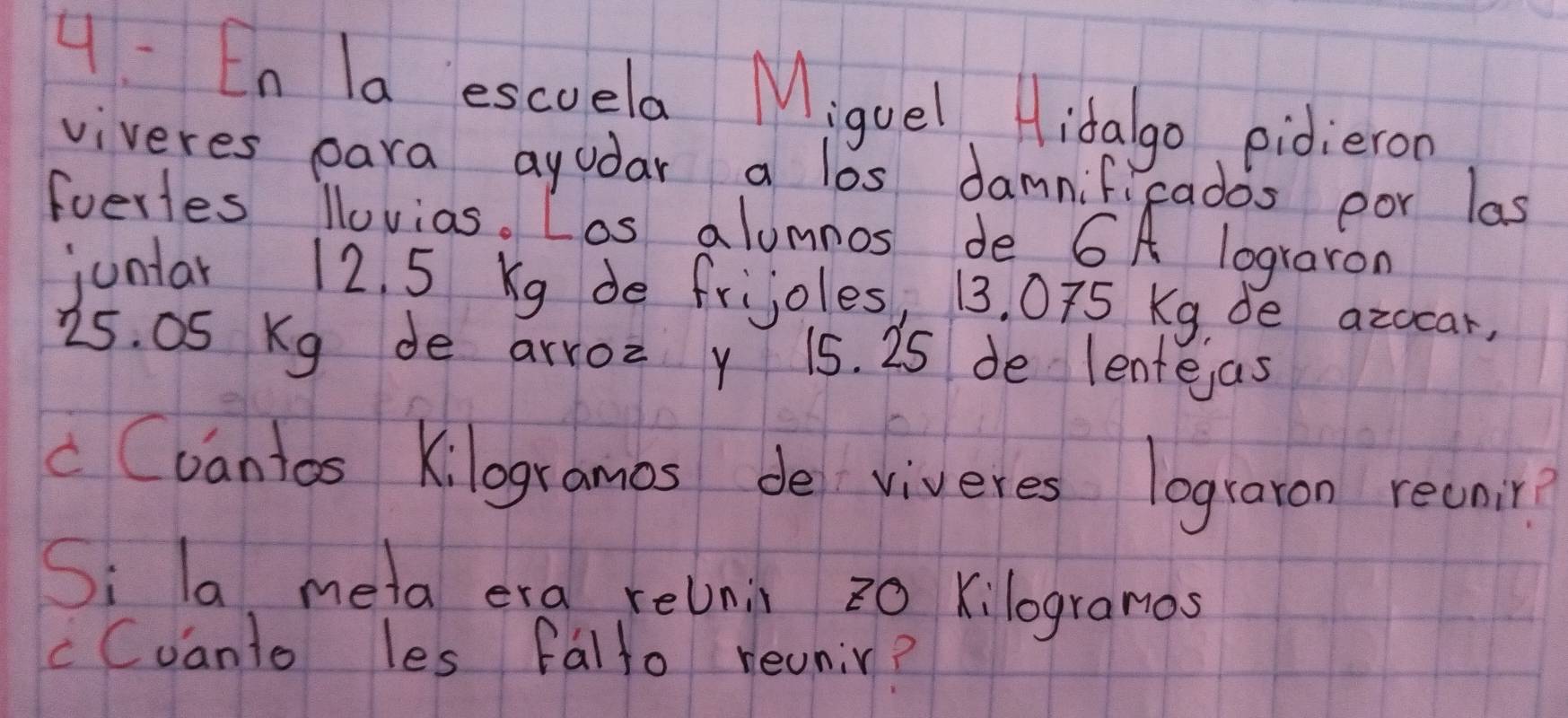 En la escuela Miguel Aidalgo pidieron 
viveres para ayudar a los damnificados por las 
foerles llovias. Los alumnos de 6A lograron 
juntar 12. 5 Kg de frijoles, 13. 075 Kg, de azocar,
25. OS Kg de arroz y 15. 25 de lentejas 
c Coantos Kilogramos de viveres lograron recair? 
Si la meta era relni 20 kilogranos
cCuanto les fallo revnir?