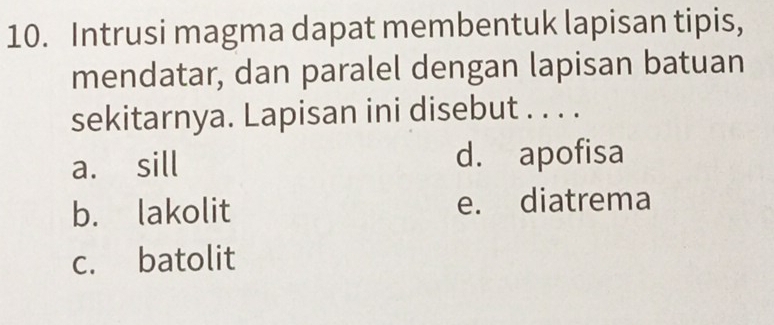 Intrusi magma dapat membentuk lapisan tipis,
mendatar, dan paralel dengan lapisan batuan
sekitarnya. Lapisan ini disebut . . . .
a. sill d. apofisa
b. lakolit e. diatrema
c. batolit