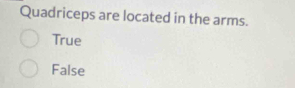 Quadriceps are located in the arms.
True
False