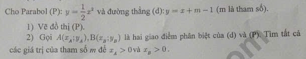 Cho Parabol (P): y= 1/2 x^2 và đường thẳng (d): y=x+m-1 (m là tham số). 
1) Vẽ đồ thị (P). 
2) Gọi A(x_A;y_A), B(x_B;y_B) là hai giao điểm phân biệt của (d) và (P). Tìm tất cả 
các giá trị của tham số m đề x_A>0 và x_B>0.