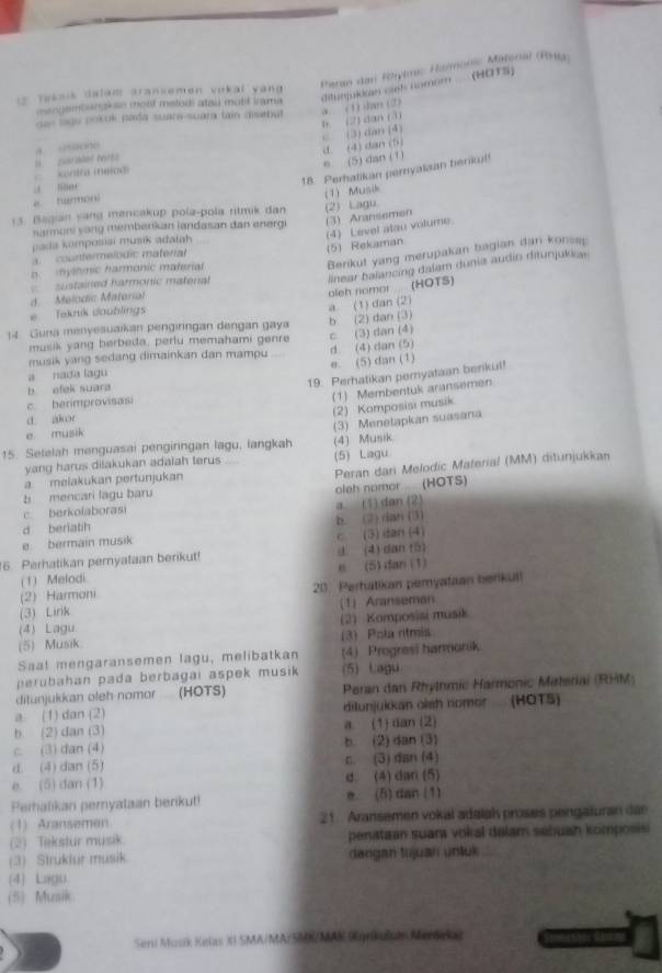 Paran dan Röryèms Harons Matonal (PiHla)
mengembang-an mord melodi atai motil irama ditunjuiian casts nomom  (HOTS)
i2 Tekais dalam aransemen vukai yang 
dan agu pokok pada suara-suara lain disebut a (1) dan (2)
b. (2) dan (3)
c (3) dan (4)
e (5) dan (1) d. (4) dan (5)
Kontra (eingi H   paralal terts ? 
18. Perhalikan peryalaan berkl
ler
e. hurmoni
13. Bagian yang mencakup pola-pola ritmik dan (2) Lagu 1) Musik
(3) Aransemon
(4) Level atau volume.
sarmoni yang memberikan landasan dan energi
pada komposisi musik adalah 
(5) Rekaman
Berikut yang merupakan bagian dan konse
countermelodic material
h. hyltmic harmonic material
sustained harmonic matenal
linear balancing dalam dunia audio ditunjukkar
a (1) dan (2) pleh nomor(HQTS
A Malodíc Matorial
e Taknik doublings
14 Guna menyesuaikan pengirngan dengan gaya b (2) dan (3)
musik yang berbeda, perlu memahami genre
musik yang sedang dimainkan dan mampu c (3) dan (4) d (4) dan (5)
e. (5) dan (1)
19. Perhatikan peryataan berikul!
a nada lagu
b efek suara
(1) Membentuk aransemen
c. berimprovisasi
(2) Komposisi musik
d. akor
e musik
15. Setelah menguasai pengiringan lagu, langkah (4) Musik (3) Menetapkan suasana
yang harus dilakukan adaiah terus (5) Lagu
Peran dari Melodic Material (MM) ditunjukkan
a meiakukan pertunjukan
b mencari lagu baru
oleh nomor  (HOTS)
c berkoïaborasi a (1) dan (2)
d berlatih b. (2) dan (3)
e bermain musik c (3) dan (4)
16. Perhatikan pernyataan berikut! d (4) dan (5)
(1) Melodi e (5) dan (1)
(3) Lirik 20. Perhatikan pemyataan berikul!
(2) Harmoni
(1) Aranseman
(4) Lagu (2) Komposisi musik
(5) Musik. (3) Pola ritmis
Saal mengaransemen lagu, melibatkan (4) Progresi harmonik
perubahan pada berbagai aspek musik (5) Lagu
ditunjukkan oleh nomor  (HOTS) Peran dan Rhylhmic Harmonic Materiai (RHM)
a. (1) dan (2) dilunjukkan oish nomer .... (HOTS)
b. (2) dan (3) a (1)dan (2)
c. (3) dan (4) b. (2) dan (3)
d. (4) dan (5) c. (3) dan (4)
e. (5) dan (1) d. (4) dan (5)
Perhalikan peryataan berikut! e. (5) dan (1)
(1) Aransemen 21. Aransemen vokal adalah proses pengaturan dae
(2) Tekstur musik penataan suara vokal dalam sebuan komposis
(3) Struklur musik dangan tujuan unluk
(4) Lagu.
(5) Musik
Sent Musik Kelas XI SMA/MA/SMK/MAK (Egrkulum Mentlg