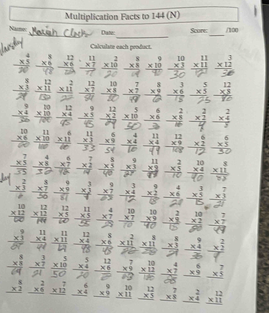 Multiplication Facts to 144 (N)
Namer /100
_
Distic Scure:_
Calculate each product.
beginarrayr 8 * 6 hline endarray beginarrayr 12 * 6 hline endarray beginarrayr 2 * 10 hline endarray beginarrayr 8 * 8 hline endarray beginarrayr 9 * 10 hline endarray beginarrayr 10 * 3 hline endarray beginarrayr 11 * 11 hline endarray
beginarrayr 8 * 3 hline endarray beginarrayr 12 * 11 hline endarray beginarrayr 2 * 11 hline endarray beginarrayr 12 * 7 hline endarray beginarrayr 10 * 8 hline endarray beginarrayr 8 * 9 hline end(array)°
beginarrayr 10 * 10 hline endarray beginarrayr 12 * 4 hline endarray beginarrayr 9 * 5 hline endarray beginarrayr 12 * 2 hline endarray beginarrayr 5 * 10 hline endarray beginarrayr 6 * 6 hline endarray frac beginarrayr 2 * 4endarray y
beginarrayr 10 * 6 hline endarray beginarrayr 11 * 10 hline endarray beginarrayr 6 * 11 hline endarray beginarrayr 11 * 3 hline endarray beginarrayr 6 * 9 hline endarray beginarrayr 4 * 4 hline endarray beginarrayr 11 * 4 hline endarray beginarrayr 12 * 9 hline endarray
□ 
4 □
beginarrayr 7 * 5 hline endarray beginarrayr 4 * 8 hline endarray _ * beginarrayr 6 7endarray 
beginarrayr 9 * 3 hline endarray xº
x3  beginarrayr 9 * 9 hline endarray × beginarrayr 3 * 4 hline endarray beginarrayr 4 * 6 hline endarray beginarrayr 3 * 5 hline endarray
frac  □ 
beginarrayr 10 * 12 hline endarray beginarrayr 12 * 12 hline endarray beginarrayr 12 * 5 hline endarray frac beginarrayr 11 * 5endarray  beginarrayr 4 * 7 hline endarray beginarrayr 10 * 7 hline endarray beginarrayr 10 * 9 hline endarray beginarrayr 2 * 9 hline endarray beginarrayr 10 * 2 hline endarray;
frac 12^((circ)
^□)
beginarrayr 9 * 3 hline endarray beginarrayr 11 * 4 hline endarray beginarrayr 11 * 11 hline endarray beginarrayr 12 * 4 hline endarray beginarrayr 8 * 6 hline endarray beginarrayr 2 * 11 hline endarray beginarrayr 8 * 11 hline endarray beginarrayr 8 * 3 hline endarray beginarrayr 9 * 4 hline end(array)^  frac ^circ  beginpmatrix □  beginpmatrix □
 1/2 
beginarrayr 8 * 8 hline endarray _ x^(frac 3)7 beginarrayr 5 * 10 hline endarray beginarrayr 5 * 4 hline endarray beginarrayr 12 * 6 hline endarray beginarrayr 7 * 9 hline endarray beginarrayr 10 * 12 hline endarray beginarrayr 4 * 7 hline endarray beginarrayr 6 * 9 hline endarray beginarrayr 7 * 5 hline end(array)°
beginarrayr 8 * 2 hline endarray beginarrayr 2 * 6 hline endarray beginarrayr 7 * 12 hline endarray l beginarrayr 6 * 4 hline endarray beginarrayr 9 * 9 hline endarray beginarrayr 10 * 11 hline endarray beginarrayr 12 * 5 hline endarray beginarrayr 7 * 8 hline endarray beginarrayr 2 * 4 hline endarray beginarrayr 12 * 11 hline endarray