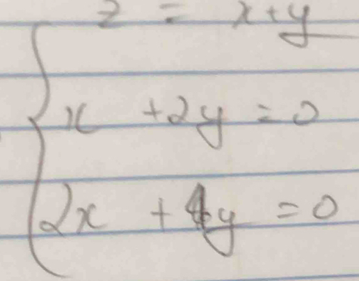 beginarrayl 2-xy=0 x+2y=0 2x+4y=0endarray.