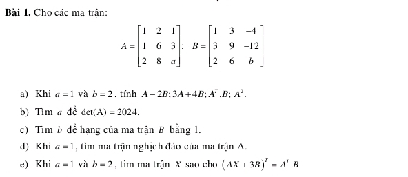 Cho các ma trận:
A=beginbmatrix 1&2&1 1&6&3 2&8&aendbmatrix; B=beginbmatrix 1&3&-4 3&9&-12 2&6&bendbmatrix
a) Khi a=1 và b=2 ,tính A-2B; 3A+4B; A^r.B; A^2. 
b) Tìm a để det(A)=2024. 
c) Tìm b để hạng của ma trận B bằng 1. 
d) Khi a=1 , tìm ma trận nghịch đảo của ma trận A. 
e) Khi a=1 và b=2 , tìm ma trận X sao cho (AX+3B)^T=A^T.B