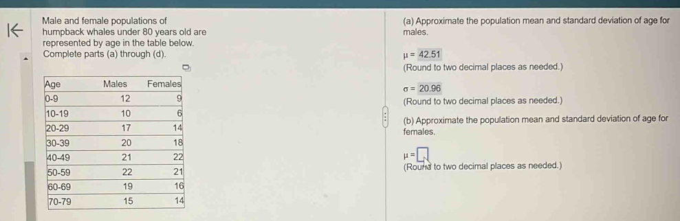 Male and female populations of (a) Approximate the population mean and standard deviation of age for 
humpback whales under 80 years old are males. 
represented by age in the table below. 
Complete parts (a) through (d). mu =42.51
(Round to two decimal places as needed.)
sigma =20.96
(Round to two decimal places as needed.) 
(b) Approximate the population mean and standard deviation of age for 
females.
mu =□
(Rouna to two decimal places as needed.)