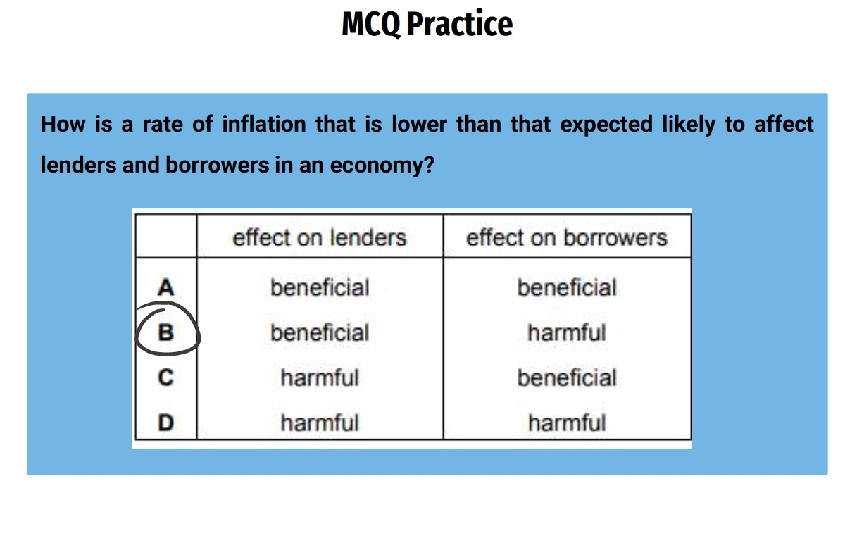 MCQ Practice 
How is a rate of inflation that is lower than that expected likely to affect 
lenders and borrowers in an economy?