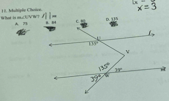 What is m∠ UVW ?
A. 75