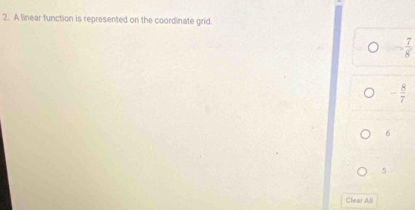 A linear function is represented on the coordinate grid.
- 7/8 
- 8/7 
6
5
Clear All