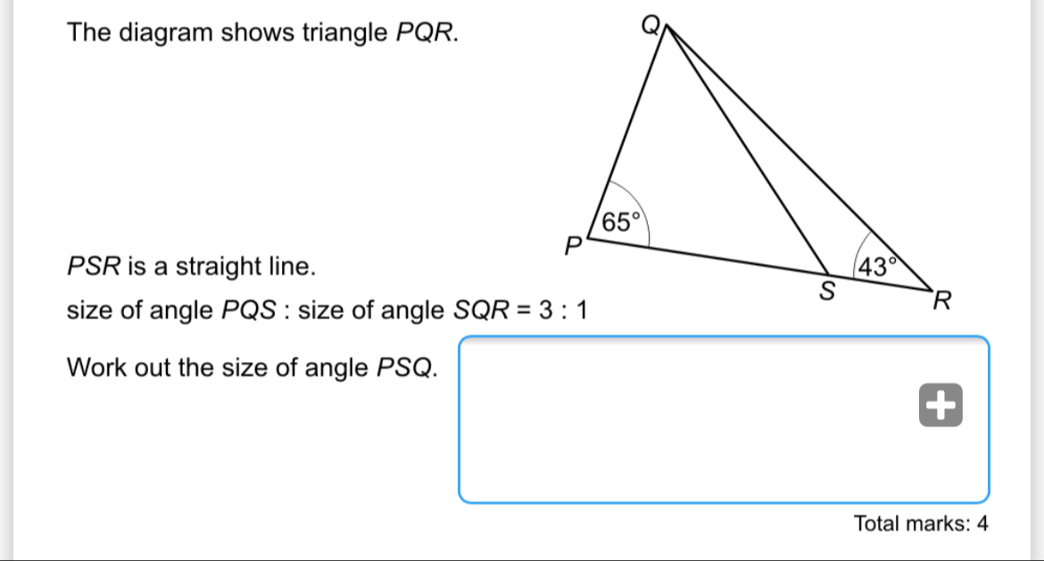 Solved: The diagram shows triangle PQR. PSR is a straight line. size of ...