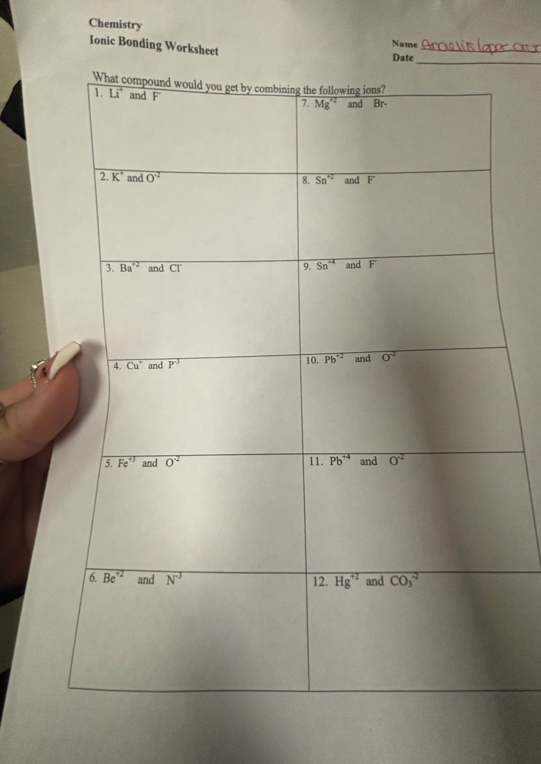 Chemistry
Ionic Bonding Worksheet
_
Name
Date_