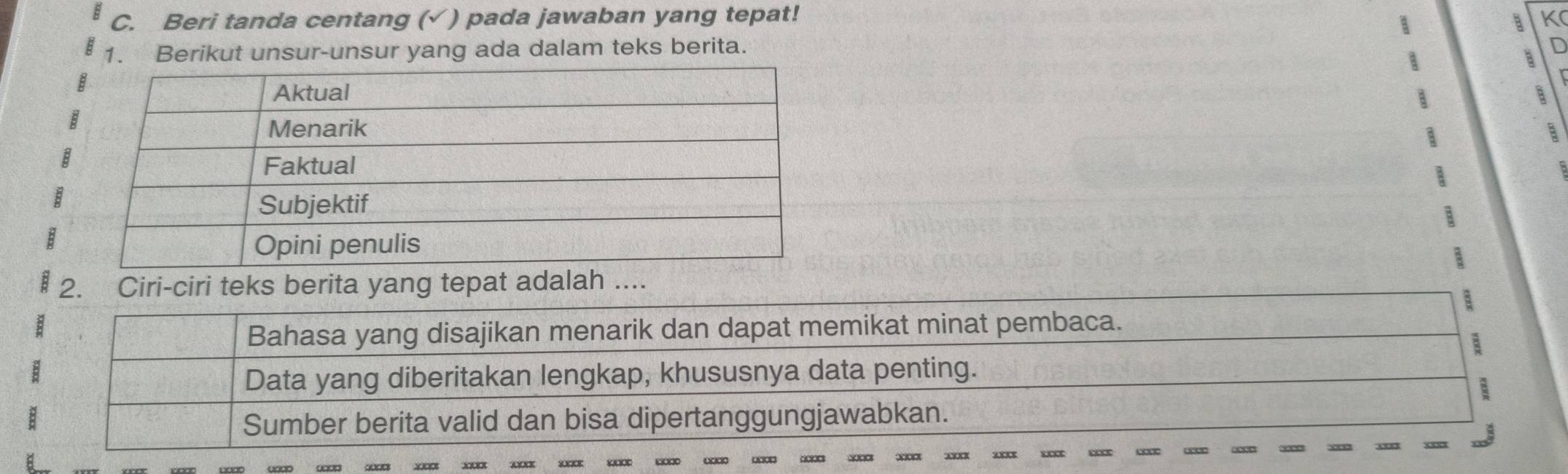 Beri tanda centang (√ ) pada jawaban yang tepat! K
B
1. Berikut unsur-unsur yang ada dalam teks berita. D
2. Ciri-ciri teks berita yang tepat adalah ....
a
Bahasa yang disajikan menarik dan dapat memikat minat pembaca.
:
Data yang diberitakan lengkap, khususnya data penting.
:
Sumber berita valid dan bisa dipertanggungjawabkan.