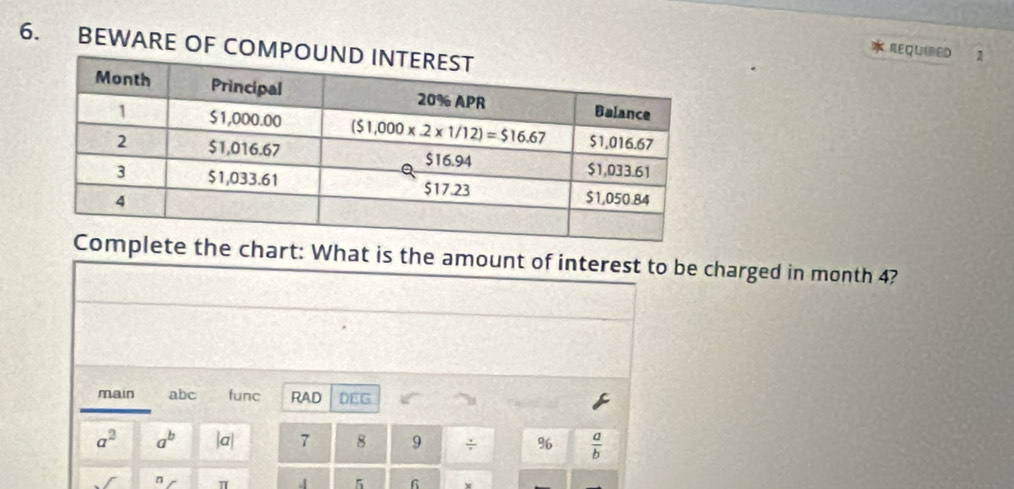 BEWARE OF C
REQUIRED 2
the chart: What is the amount of interest to be charged in month 4?
main abc func RAD DEG
a^2 a^b |a| 7 8 9 ÷ %  a/b 
n π 4 5 6 v