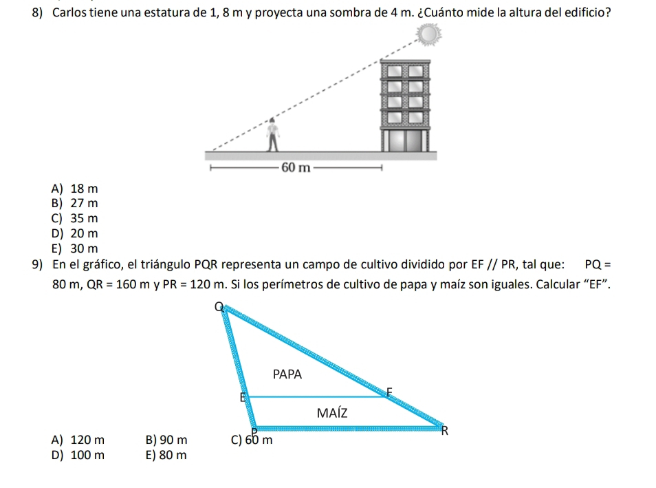 Carlos tiene una estatura de 1, 8 m y proyecta una sombra de 4 m. ¿Cuánto mide la altura del edificio?
A) 18 m
B) 27 m
C) 35 m
D) 20 m
E) 30 m
9) En el gráfico, el triángulo PQR representa un campo de cultivo dividido por EF//PR , tal que: PQ=
80m, QR=160m y PR=120m. Si los perímetros de cultivo de papa y maíz son iguales. Calcular “ EF ”.
A) 120 m B) 90 m
D) 100 m E) 80 m