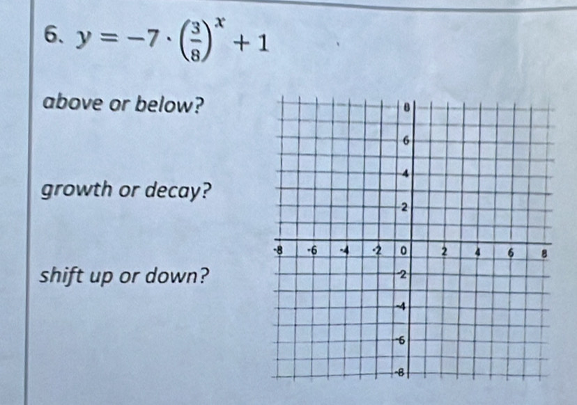 y=-7· ( 3/8 )^x+1
above or below?
growth or decay?
shift up or down?