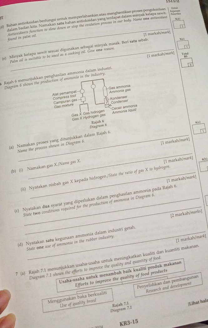 1511/2
Krgunsan
d) Bahan antioksidan berfungsi untuk memperlahankan atau menghentikan proses pengoksidaan Untuk
T
3(d)
dalam badan kita. Namakan satu bahan antioksidan yang terdapat dalam minyak kelapa sawit. Pemerikse
found in palm oil. Antioxidants function to slow down or stop the oxidation process in our body. Name one antioxidant
[1 markah/mark]
(e) Minyak kelapa sawit sesuai digunakan sebagai minyak masak. Beri satu sebab. S(e)
[1 markah/mark]
Palm oil is suitable to be used as a cooking oil. Give one reason.
6 Rajah 6 menunjukkan hasilan ammonia dalam industri.
Diagram 6 shows the prhe industry.
6(3)
(a) Namakan proses yang ditunjukkan dalam Rajah 6.
1
Name the process shown in Diagram 6.
[1 markah/mark]
_
(b) (i) Namakan gas X./Name gas X.
[1 markah/mark]
6(b)
(ii) Nyatakan nisbah gas X kepada hidrogen./State the ratio of gas X to hydrogen
[1 markah/mark]
(c) Nyatakan dua syarat yang diperlukan dalam penghasilan ammonia pada Rajah 6.
State two conditions required for the production of ammonia in Diagram 6.
[2 markah/marks]
(d) Nyatakan satu kegunaan ammonia dalam industri getah.
[1 markah/mark]
State one use of ammonia in the rubber industry.
7 (a) Rajah 7.1 menunjukkan usaha-usaha untuk meningkatkan kualiti dan kuantiti makanan
Diagram 7.1 shows the efforts to improve the quality and quantity of food.
Usaha-usaha untuk menambah baik kualiti produk makanan
Efforts to improve the quality of food products
Menggunakan baka berkualiti Penyelidikan dan pembangunan
Use of quality breed Research and development
Diagram 7.1 Rajah 7.1
[Lihat hala
KR3-15