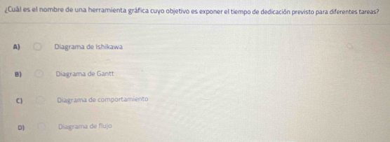 ¿Cuál es el nombre de una herramienta gráfica cuyo objetivo es exponer el tiempo de dedicación previsto para diferentes tareas?
A) Diagrama de Ishikawa
B) Diagrama de Gantt
C ) Diagrama de comportamiento
D) Diagrama de flujo