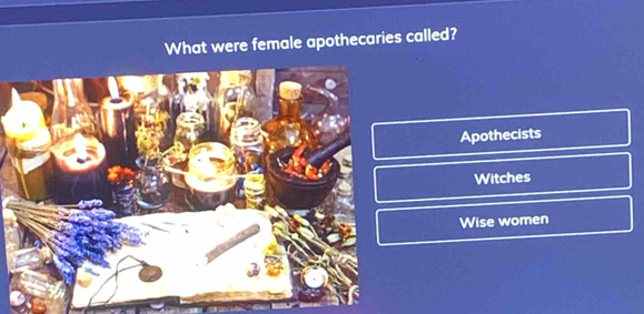 What were female apothecaries called?
Apothecists
Witches
Wise women