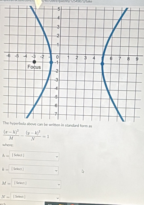 Th
frac (x-h)^2M-frac (y-k)^2N=1
where:
h= [ Select ] □
k= [ Select ] v
M= [ Select ]
N= [ Select ]